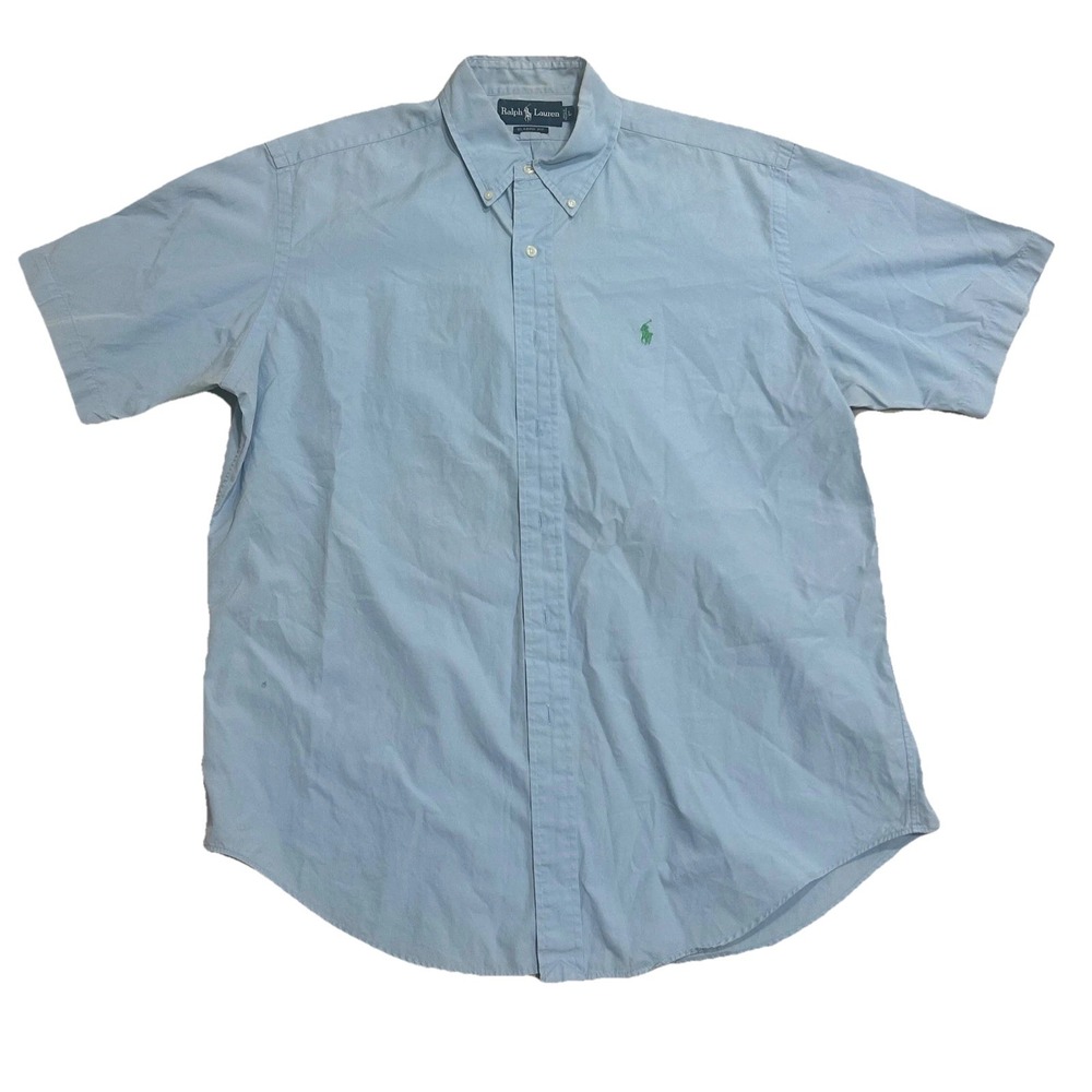 Ralph Lauren Mens Classic Fit Short Sleeve Button Down Shirt Blue Green Pony L